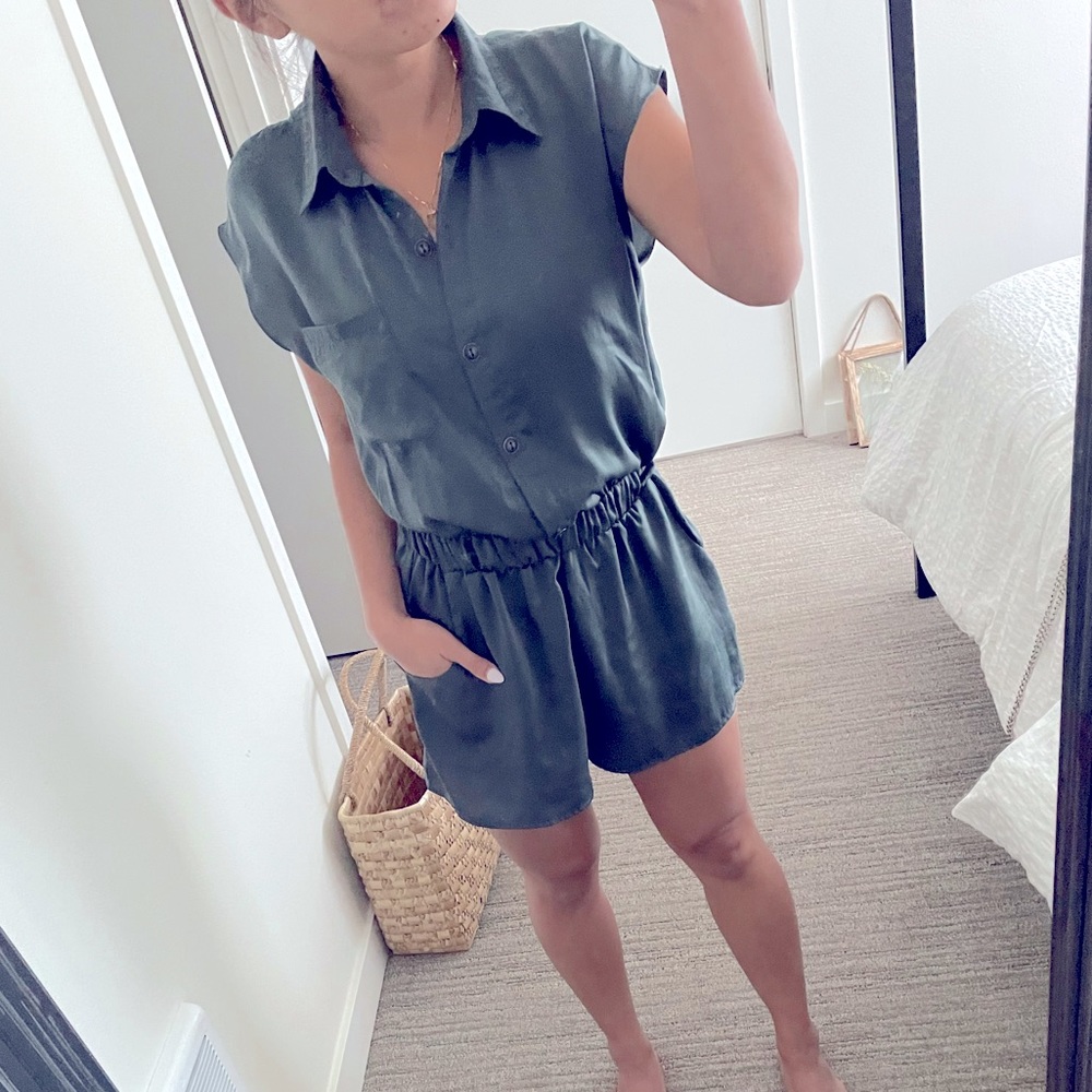 Lush Slate blue/grey short sleeve romper - M